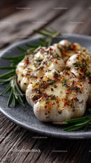 Roasted Garlic Bulb with Herbs on Rustic Wooden Surface