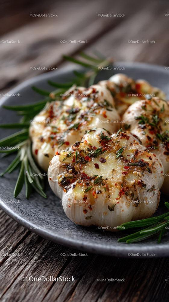 Roasted Garlic Bulb with Herbs on Rustic Wooden Surface
