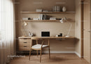 Minimalist home office with wooden desk and cozy chair
