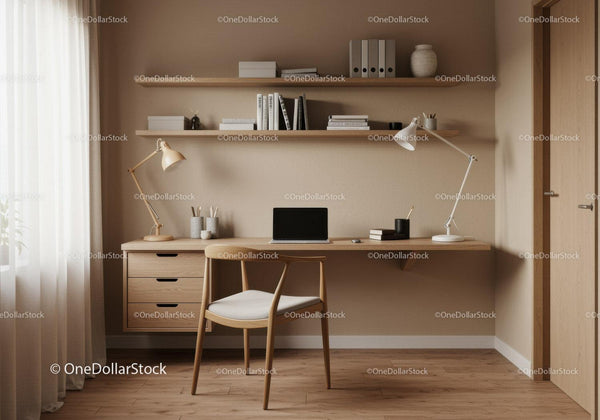 Minimalist home office with wooden desk and cozy chair