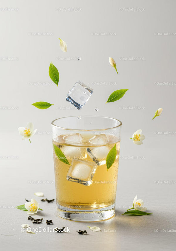Refreshing iced jasmine tea with fresh flowers and leaves