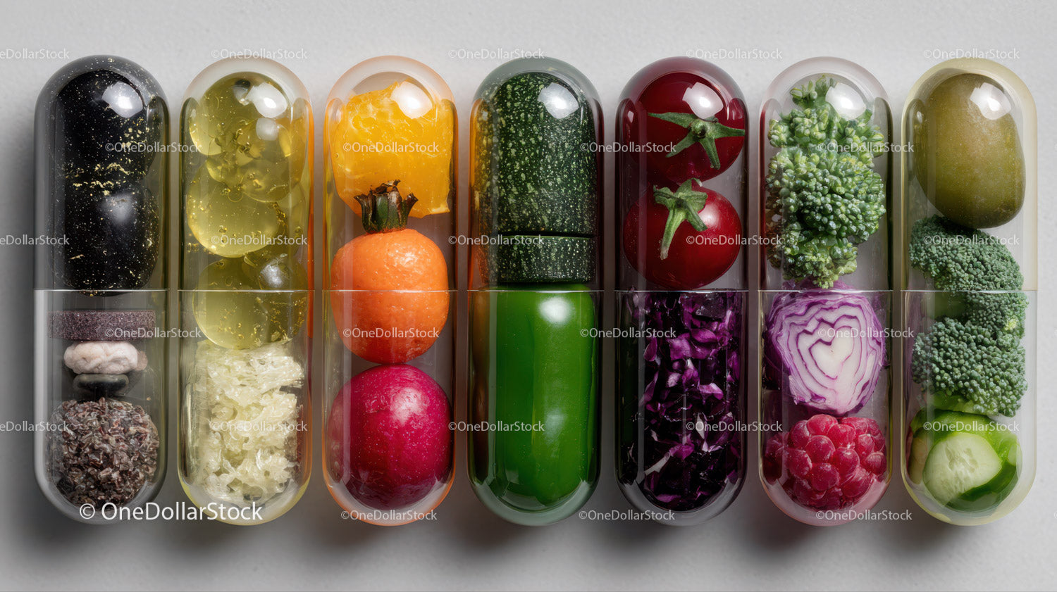 Set of Colorful Fresh Vegetables in Preserving Capsules