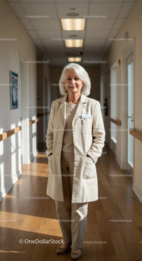 Senior Female Healthcare Professional Standing in Modern Hospital Corridor