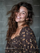 Happy Woman with Curly Brown Hair Smiling Portrait