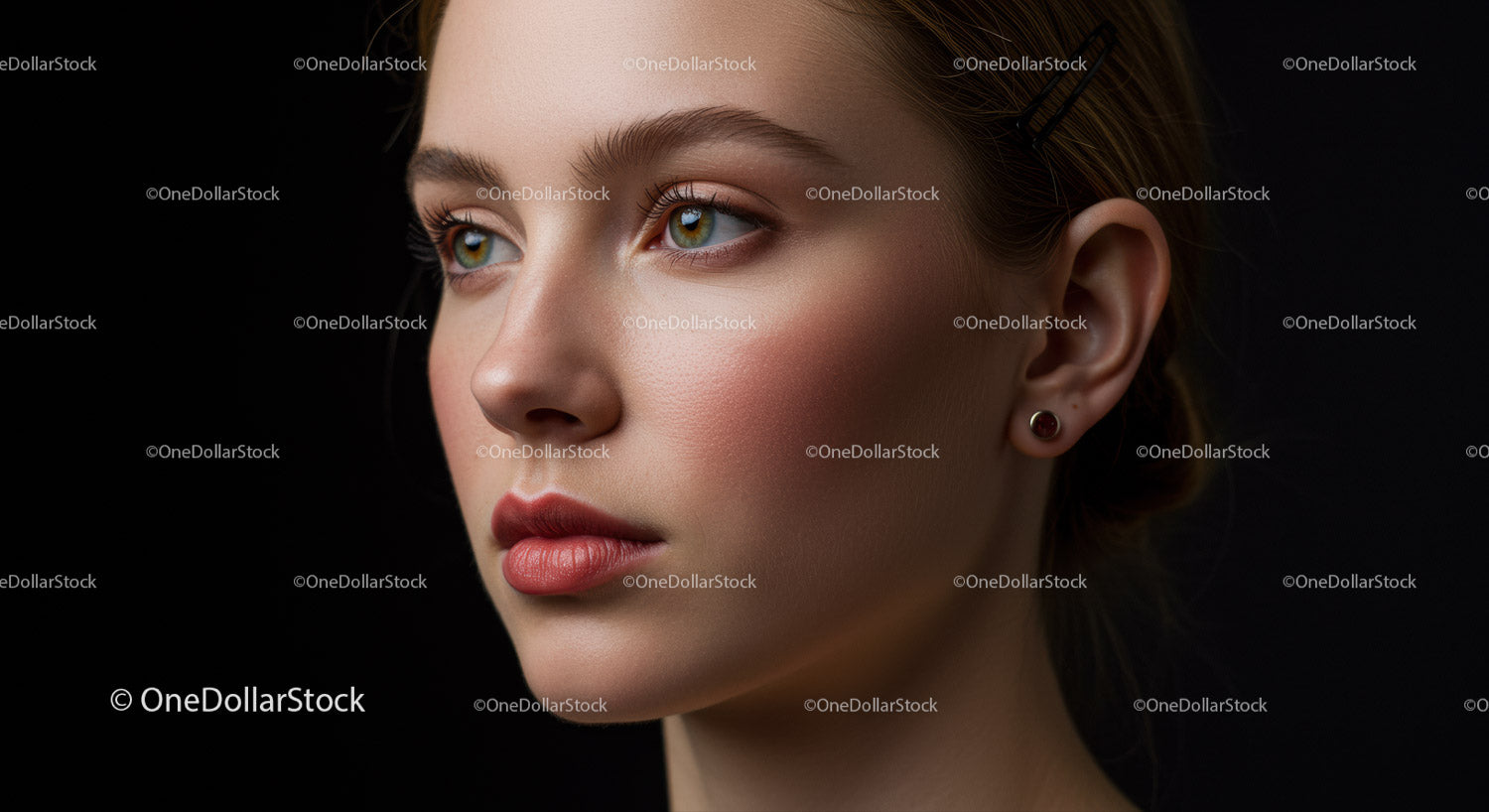 Glamorous Woman Portrait with Blue Eyes and Red Lips