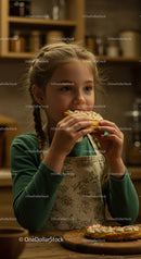 Girl Eating a Colorful Donut in a Cozy Kitchen
