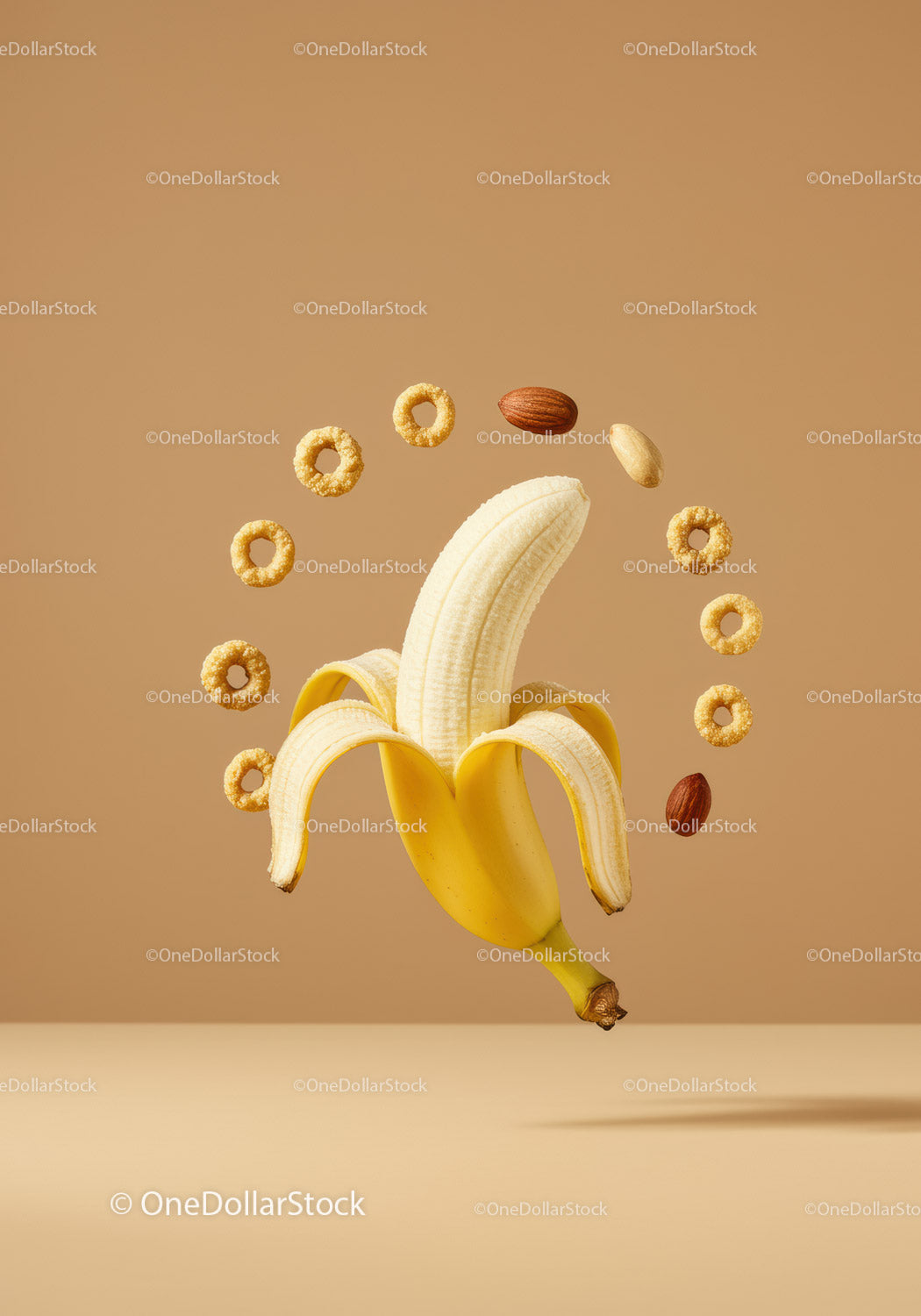 Peeled Banana Surrounded by Nuts and Cereal Rings