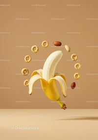 Peeled Banana Surrounded by Nuts and Cereal Rings