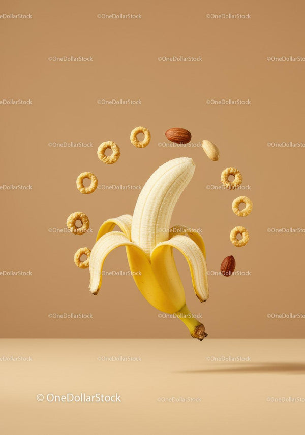 Peeled Banana Surrounded by Nuts and Cereal Rings