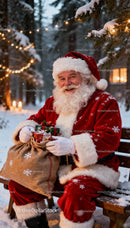 Smiling Santa Claus holding a bag of gifts outdoors