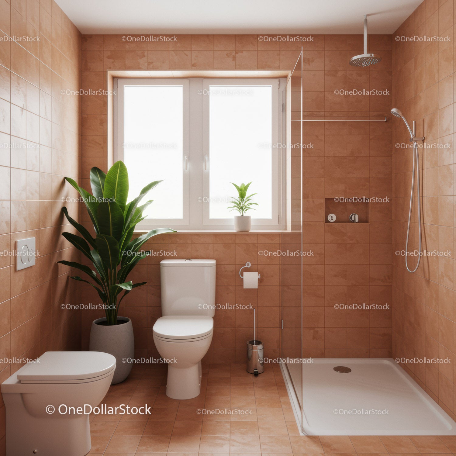 Contemporary Bathroom with Beige Tiles and Green Indoor Plants
