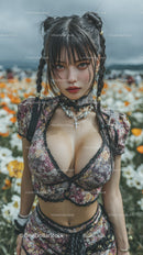 Young Woman in Floral Top with Jewelry Standing in Flower Field