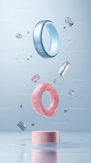 Floating Metal Rings and Donut in Modern Minimalist Composition
