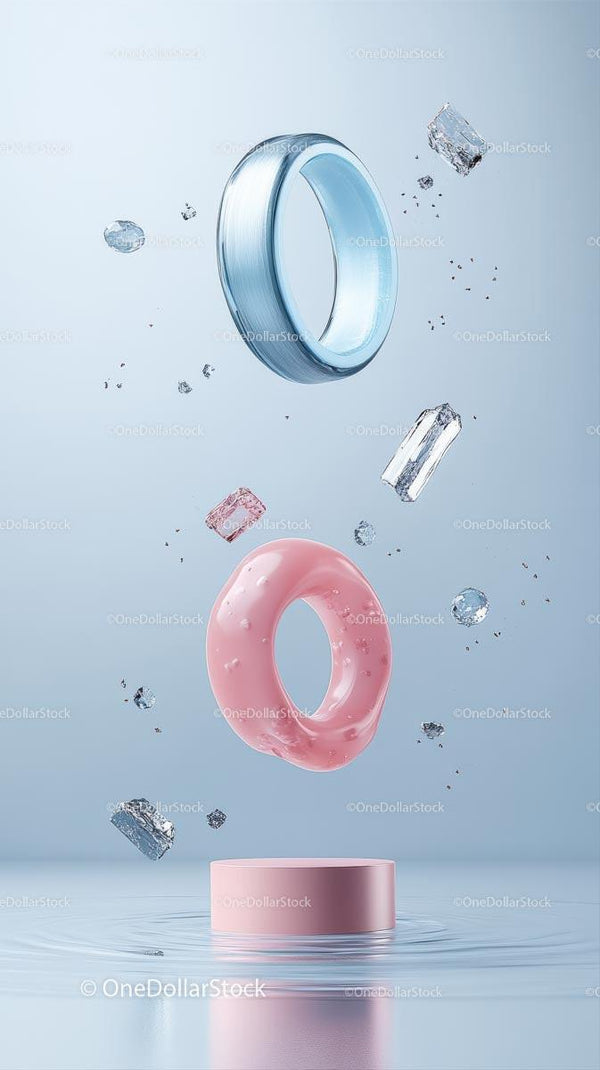 Unoszące się metalowe pierścienie i donut w nowoczesnej minimalistycznej kompozycji