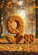Number 9 and 99 made of autumn leaves on forest path
