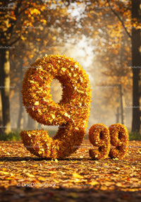 Number 9 and 99 made of autumn leaves on forest path