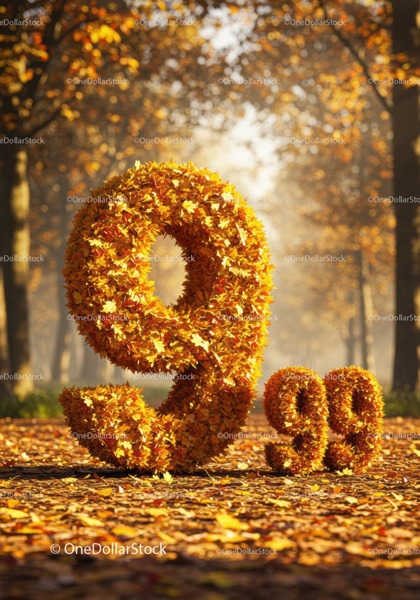 Number 9 and 99 made of autumn leaves on forest path