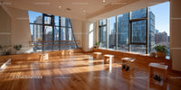 Bright Sunlit Studio with Floor-to-Ceiling Windows and Scenic City View