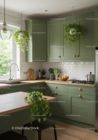 Stylish Green Kitchen with Potted Plants and Wooden Accents