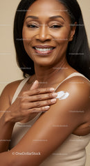 Smiling Woman Applying Moisturizer on Shoulder for Healthy Skin