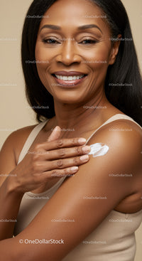 Smiling Woman Applying Moisturizer on Shoulder for Healthy Skin