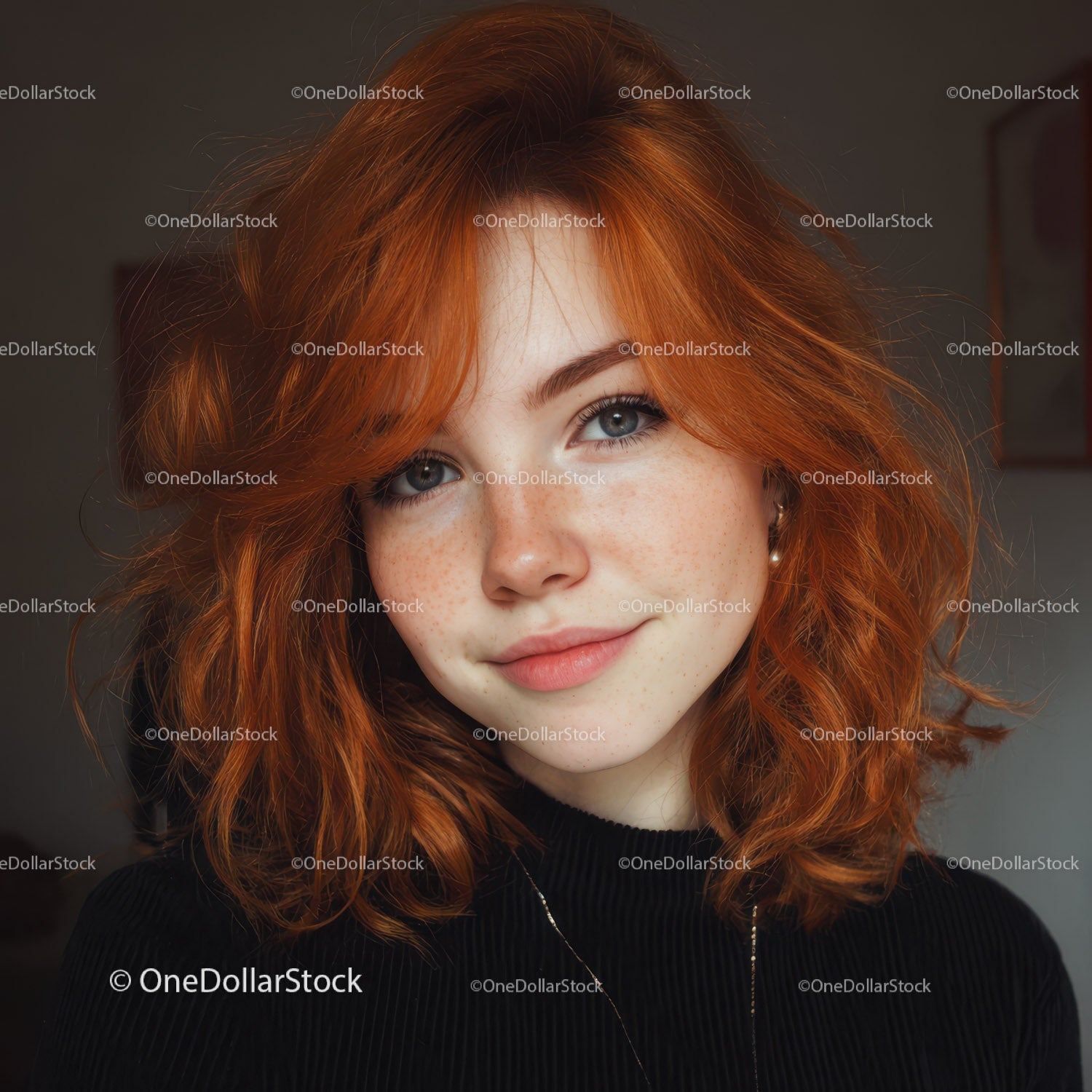 Portrait of a Redhead Girl with Blue Eyes and Freckles