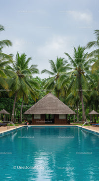 Idyllic Tropical Poolside Scene with Palm Trees and Relaxing Hut