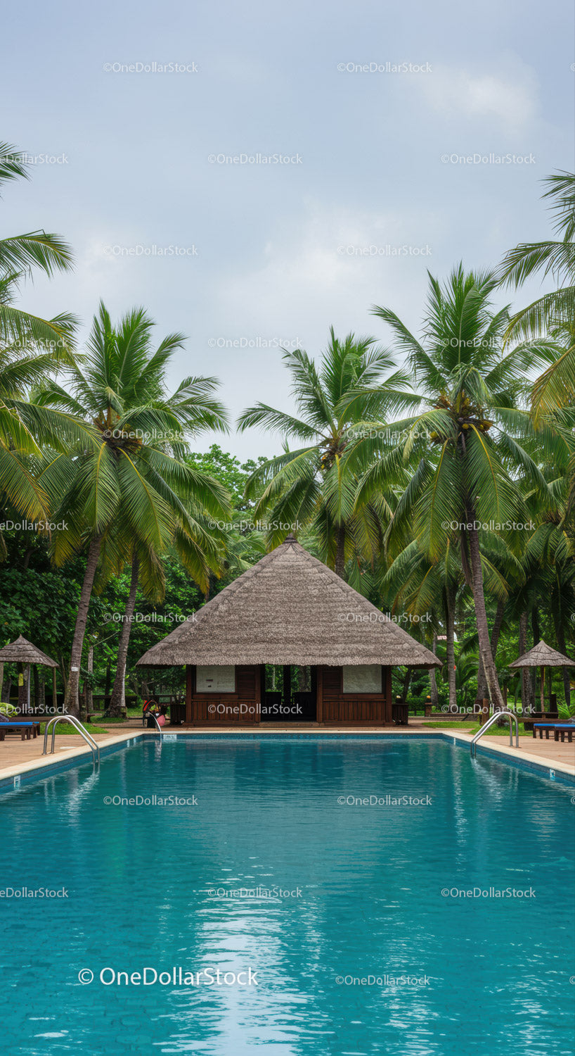 Idyllic Tropical Poolside Scene with Palm Trees and Relaxing Hut