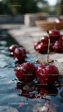 Ripe Red Cherries on Water with Bright Summer Sunlight