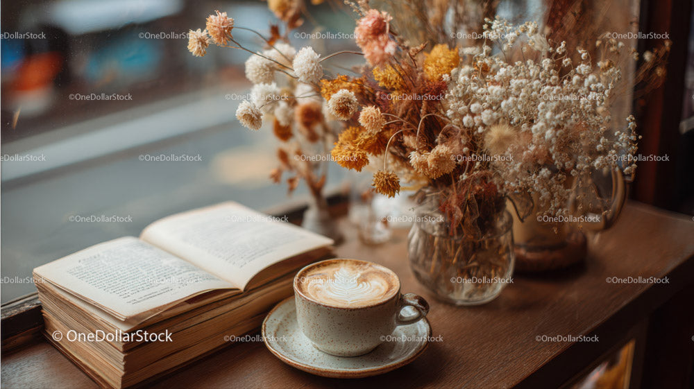 Cozy Literary Scene with Dried Flowers and Aromatic Coffee in Rustic Decor