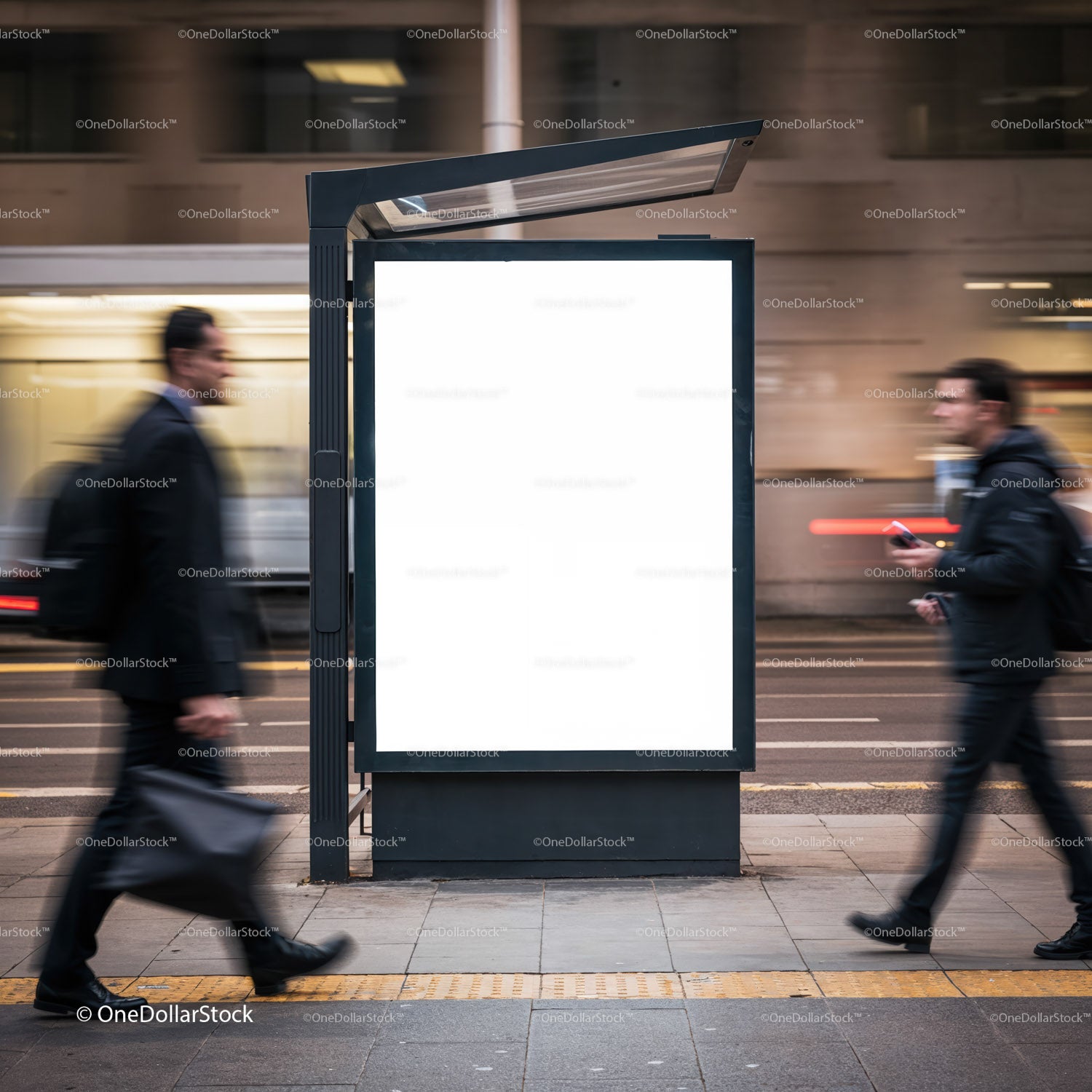 Blurred pedestrians passing blank city bus stop billboard