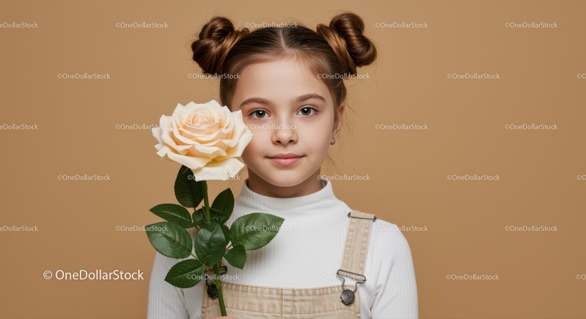 Young Girl with Rose Flower Portrait on Beige Background