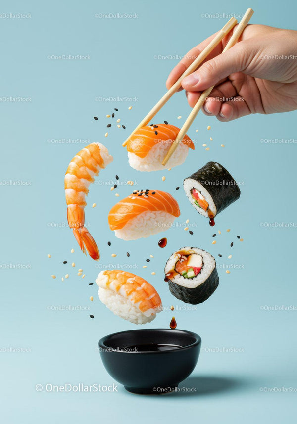Fresh sushi pieces suspended above soy sauce bowl with chopsticks