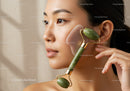 Young Woman Using Jade Roller for Facial Massage and Skin Care