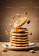 Stack of fluffy pancakes with walnuts and syrup