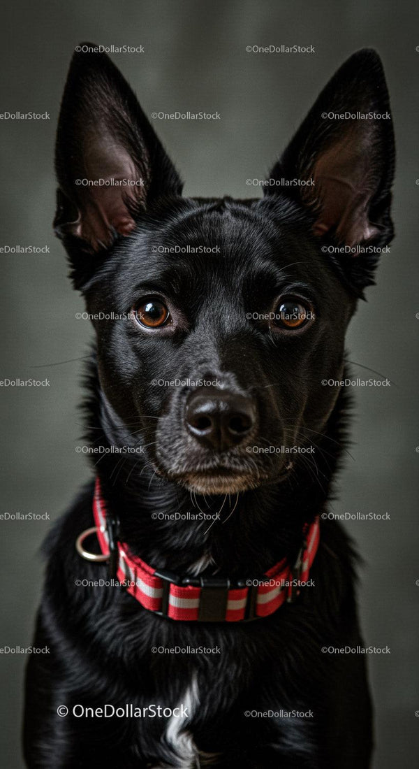 Alert black dog with striking amber eyes and red collar