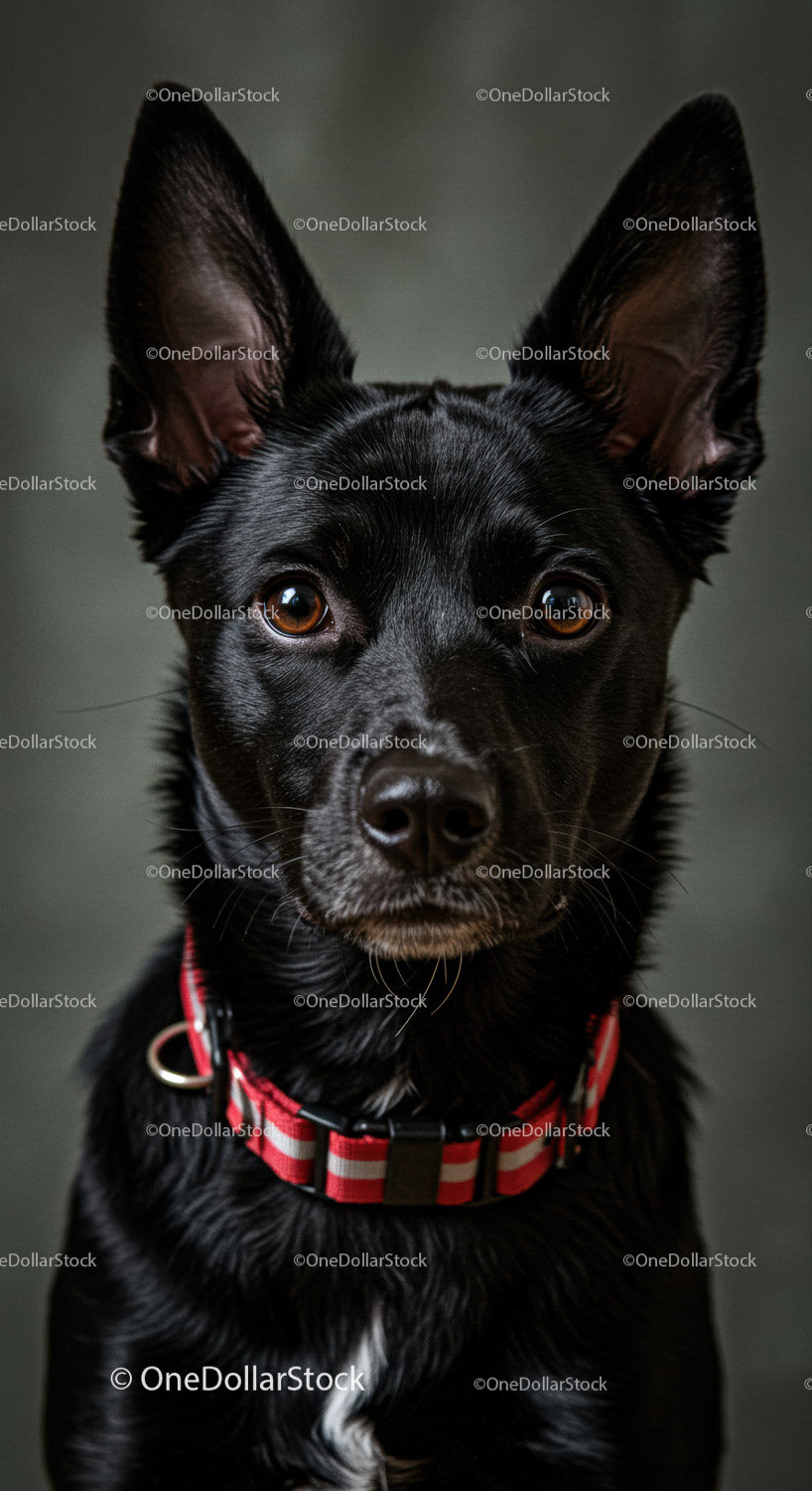 Alert black dog with striking amber eyes and red collar