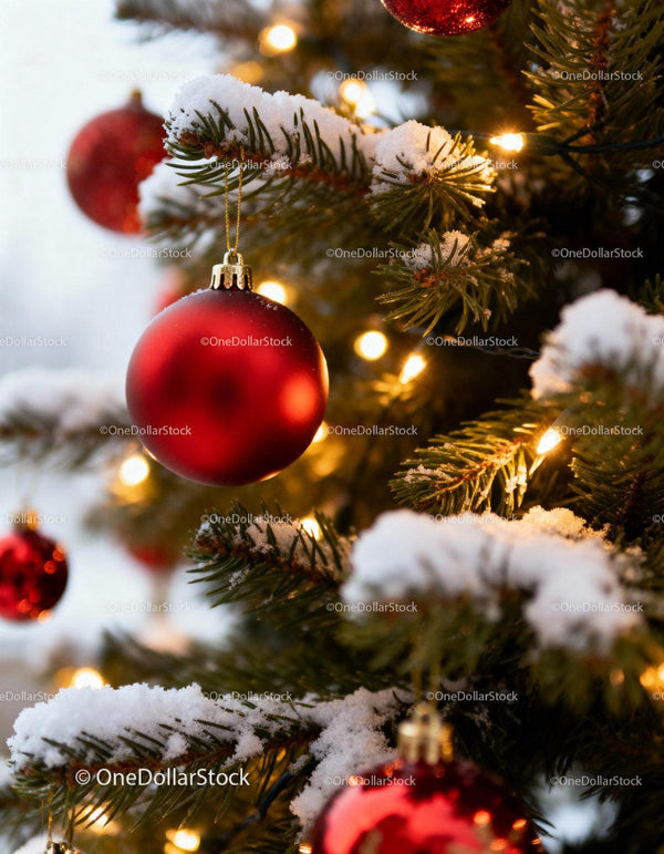 Snow-covered Christmas tree with red baubles and lights