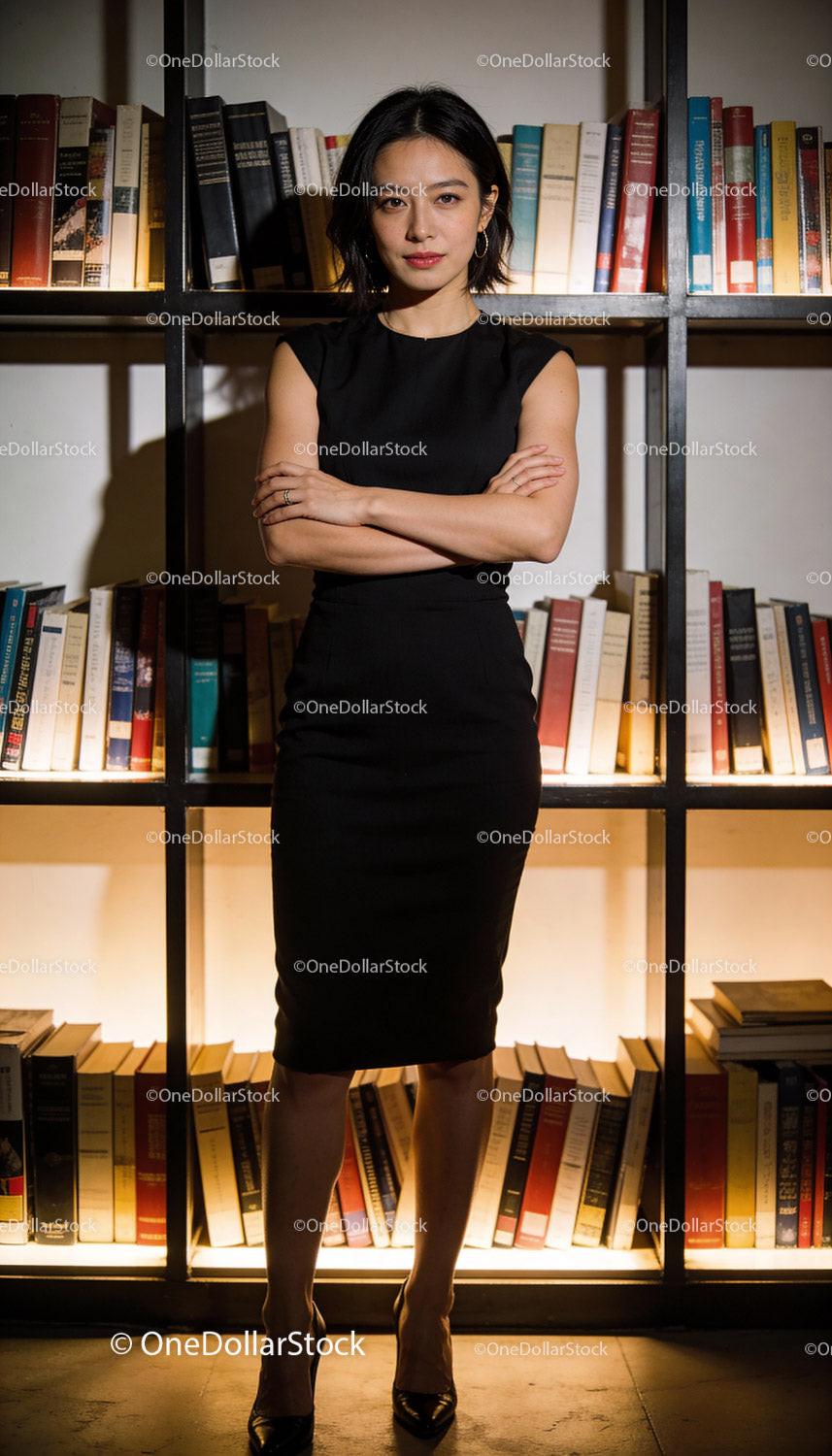 Confident Woman Standing in Library with Arms Crossed