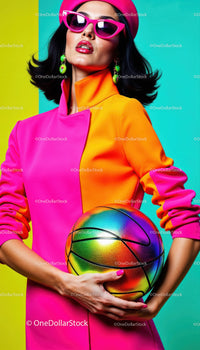 Vibrant Woman in Colorful Fashion Holding Rainbow Basketball