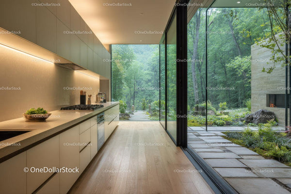 Modern Kitchen with Floor-to-Ceiling Glass Walls Overlooking Green Forest