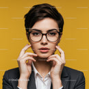Stylish Young Woman with Short Hair and Black Glasses Against Yellow Background