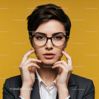 Stylish Young Woman with Short Hair and Black Glasses Against Yellow Background