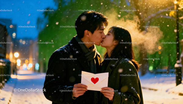 Couple Sharing a Tender Kiss Holding Love Letter Outdoors