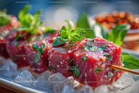 Fresh Beef Skewers with Mint Leaves on Ice for Summer Grilling