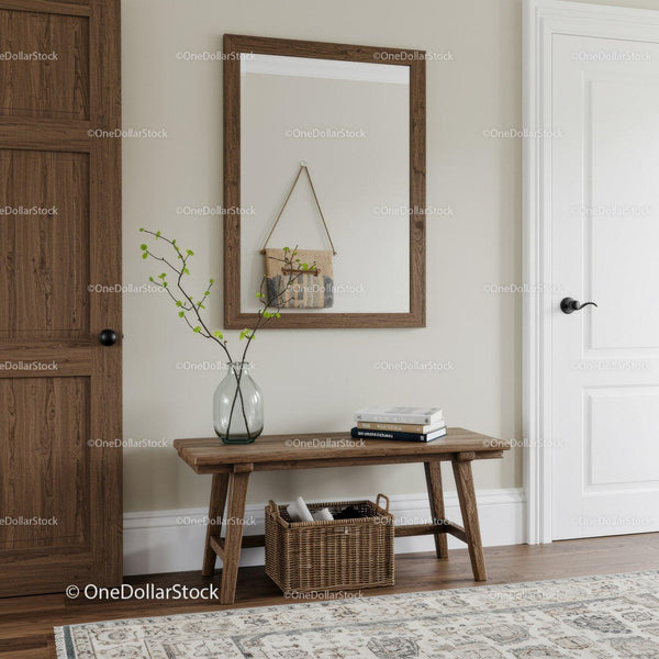 Cozy Wooden Entryway Bench with Woven Basket and Decor in Modern Home