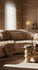 Cozy beige living room with soft textures and warm light