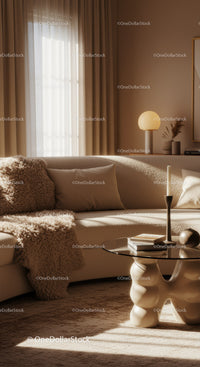 Cozy beige living room with soft textures and warm light