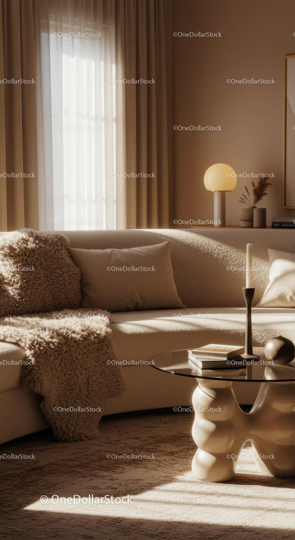 Cozy beige living room with soft textures and warm light
