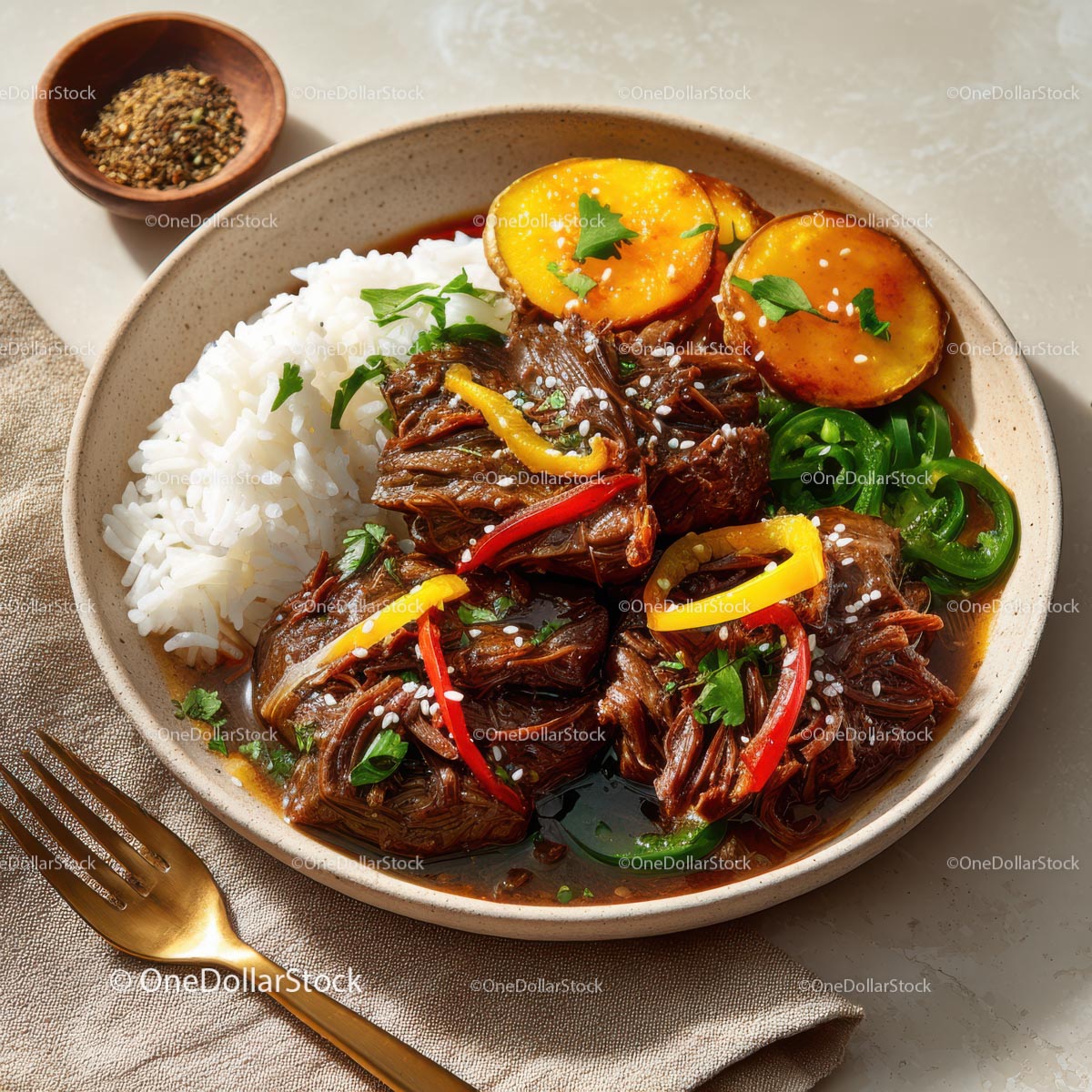 Savory Asian Dish with Rice, Vegetables, and Grilled Plantains